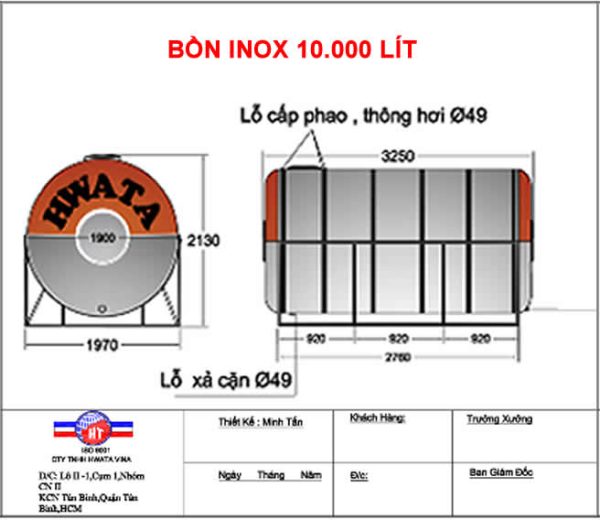 Bảng vẽ bồn nước inox Hwata 10000L ngang