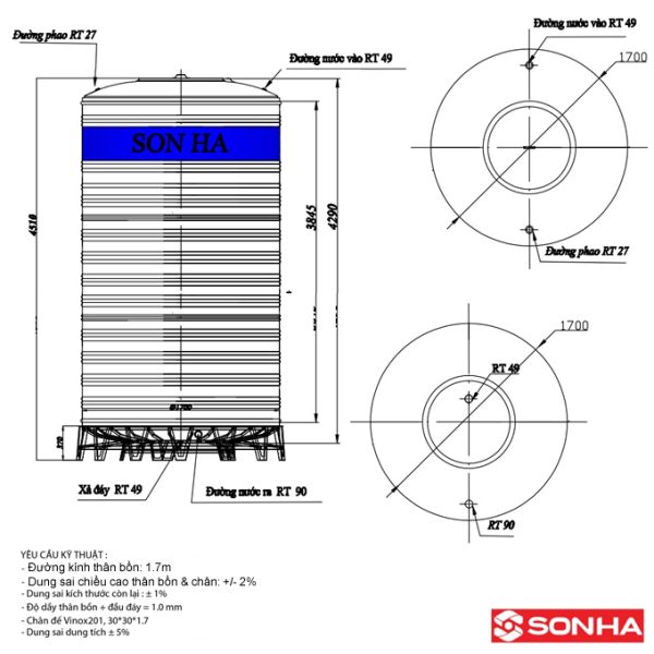 Bảng vẽ kỷ thuật Bồn nước inox 10000L đứng Sơn Hà