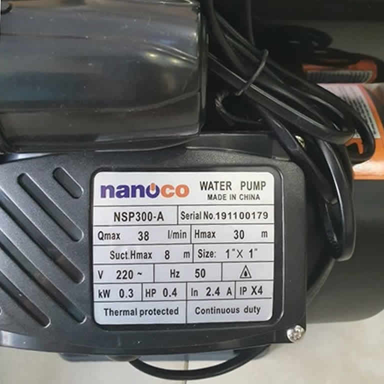 Thông số kỷ thuật Máy bơm nước NANOCO NSP300-A 300w