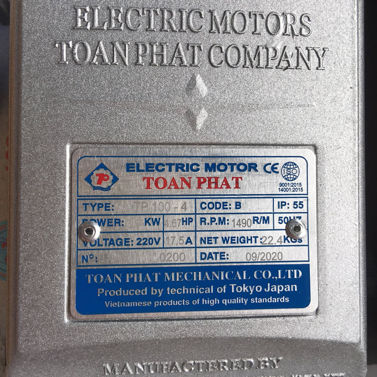 Thông số kỷ thuật Motor Toàn Phát 3.5Kw 1400rpm