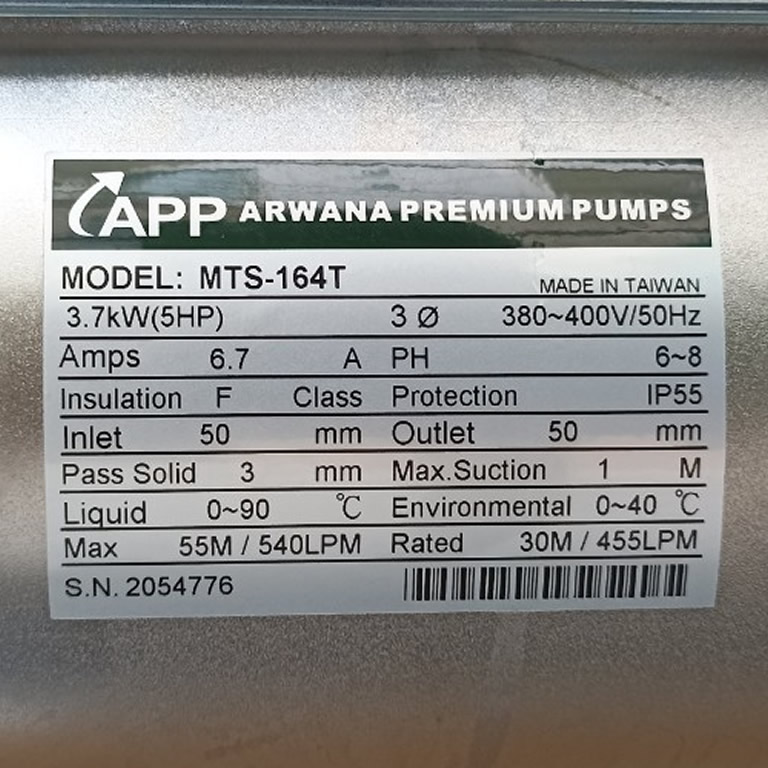 Thông số kỷ thuật Máy bơm nước APP MTS-164T (5Hp 380)