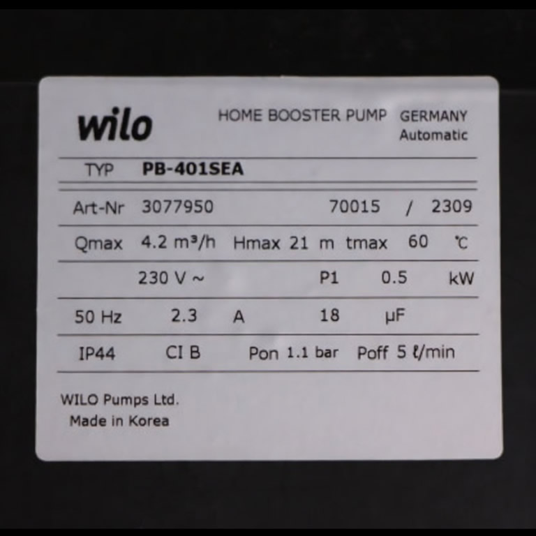 Thông số kỷ thuật Máy bơm Wilo PB-401SEA