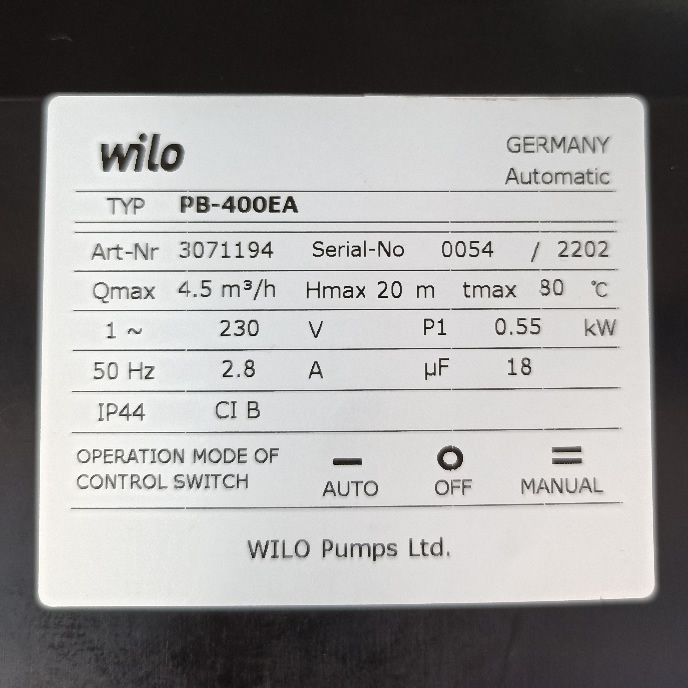 TSKT Máy bơm nước nóng 550w Wilo PB400EA