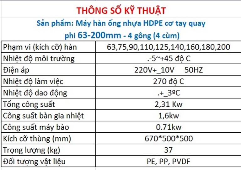 Thông số kỷ thuật Máy hàn ống HDPE 63 200