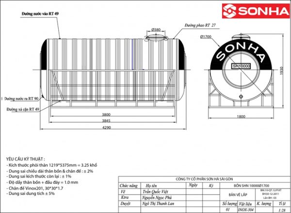 Bảng vẽ kỷ thuật bồn inox 10m3 ngang Sơn Hà