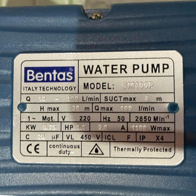 Thông số kỷ thuật Máy Bơm nước 1Hp Bentas CM100P