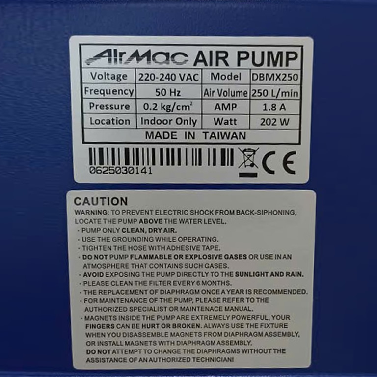 Thông số kỷ thuật Máy Thổi oxy 202w Airmac DBMX250