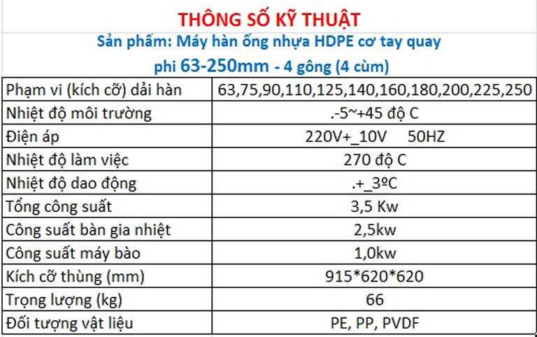 Thông số kỷ thuật máy hàn ống nước HDPe 63 250 cơ quay tay