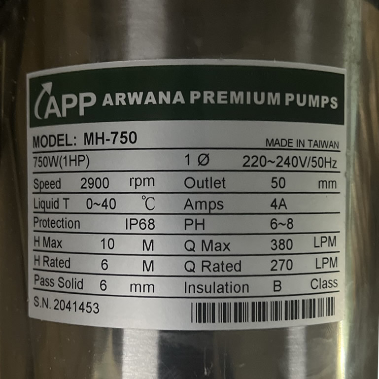 Thông số kỷ thuật Máy Bơm nước APP MH-750