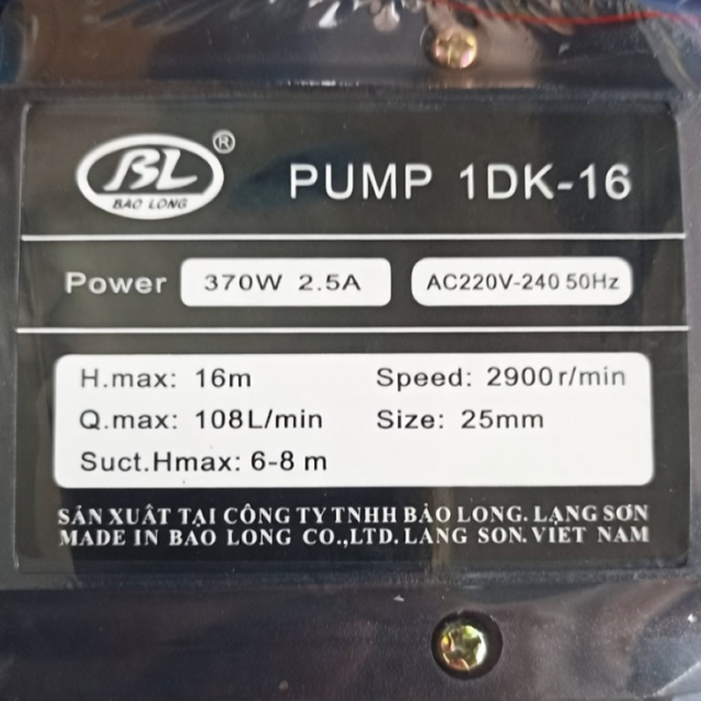 Thông số kỷ thuật Máy Bơm Bảo Long 1DK-16