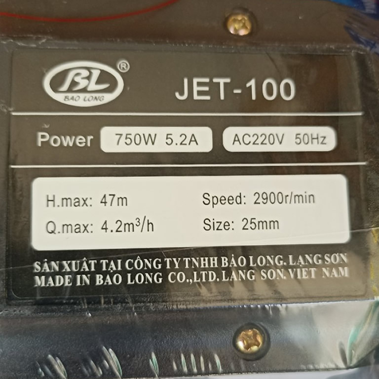 Thông số kỷ thuật Máy Bơm nước đầu Jet 1Hp Bảo Long