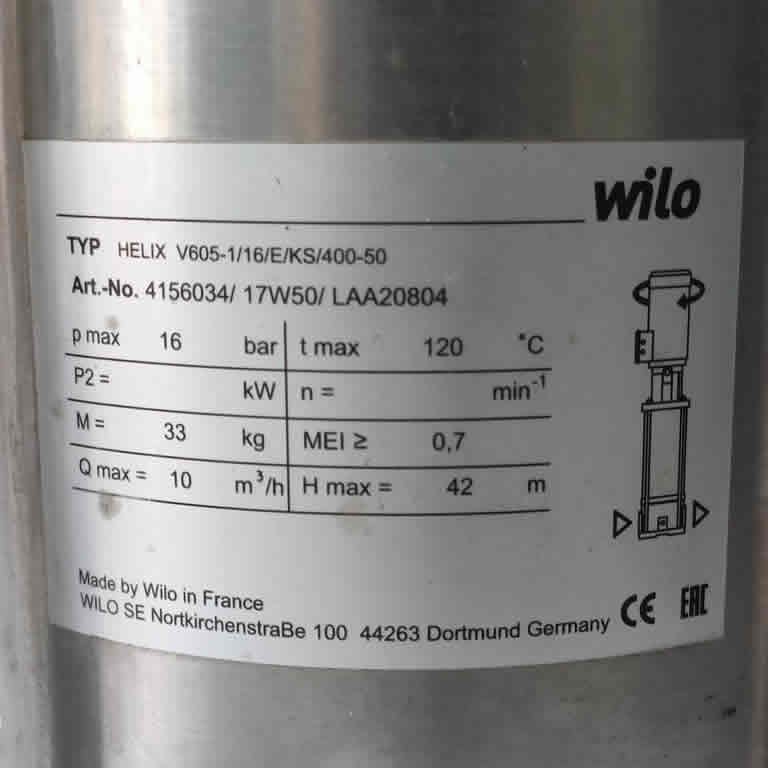 Thông số kỷ thuật Máy Bơm Wilo HELIX V605-1/16/E/KS-400-50