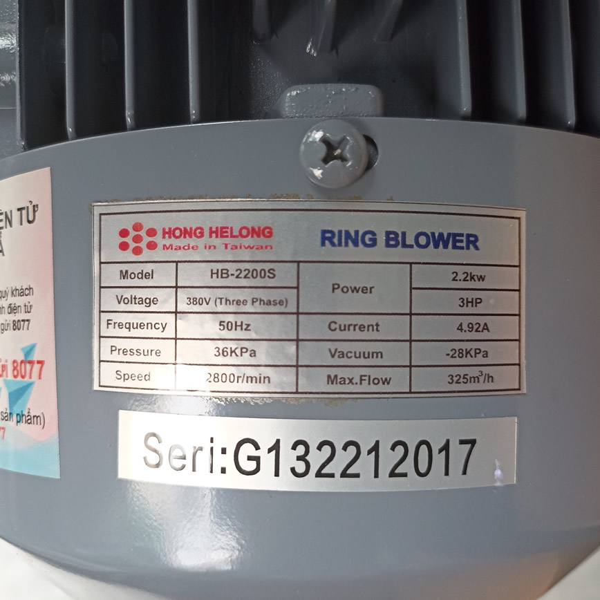 Thông số kỷ thuật Máy Thổi Khí 3Hp HONG HELONG HB-2200S