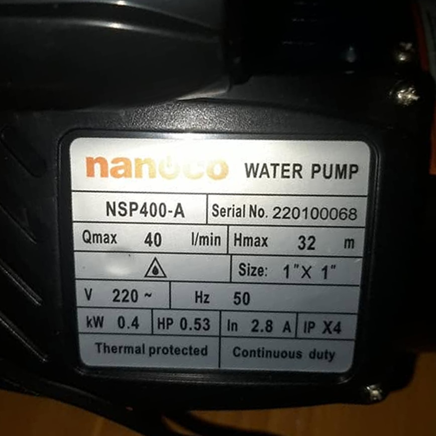 Thông số kỷ thuật Máy bơm nước NANOCO NSP400-A