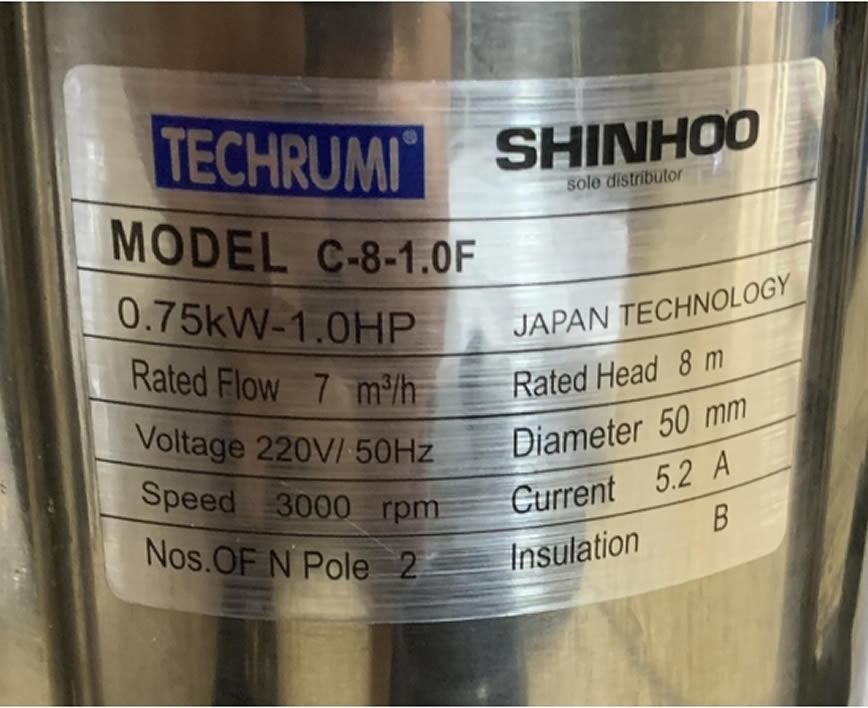 Thông số kỷ thuật Máy bơm nước TECHRUMI C-8-1-0F